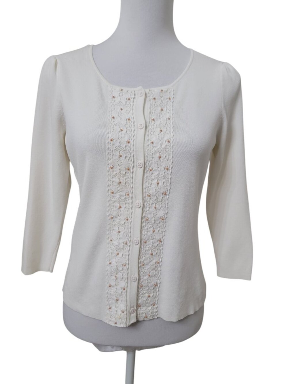 LOFT Size XS Ivory 3/4 Sleeve Cardigan Sweater w/ Beaded Lace Panel Insert